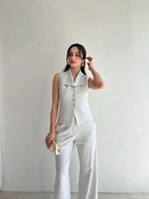 Klex Gold Düğme Detaylı Yelek Pantolon Takım 5078 Gri - L