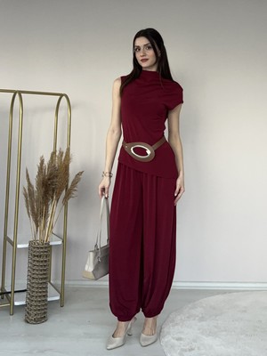 Klex Drapeli Bluz Şalvar Pantolon Takım 4003 Bordo - S