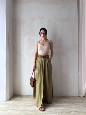 Klex Çift Kemer Detaylı Pileli Maxi Etek 5083 Yeşil - Xl