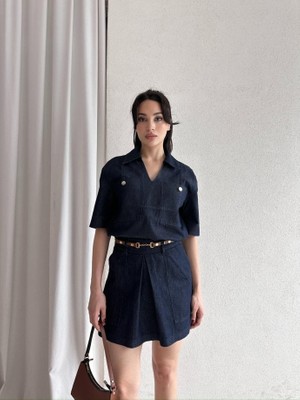 Klex V Yaka Kemerli Denim Etek-Ceket Takım 5046 Lacivert - S