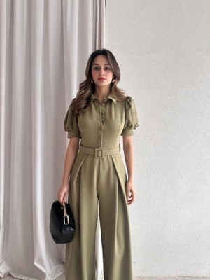 Klex Gömlek Yaka Karpuz Kol Kemerli Geniş Paça Tulum 5004 Haki - L