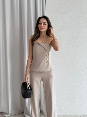 Klex Straplez Gold Düğme Detaylı Büstiyer Pantolon Takım 5043 Bej - S