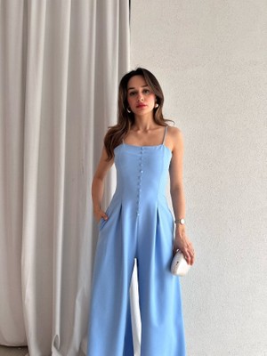 Klex Ip Askılı Önü Düğmeli Drapeli Tulum 5064 Mavi - L
