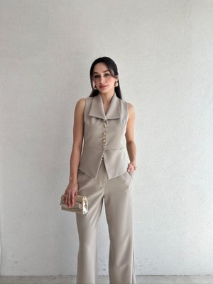 Klex Gold Düğme Detaylı Yelek Pantolon Takım 5078 Bej - M