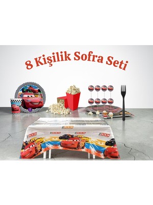 Dizayn Parti Evi Cars Temalı 8 Kişilik Sofra Seti – Arabalar Parti Seti Tabak Bardak Masa Örtüsü Kürdan Mısır Kutusu