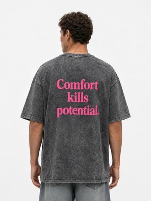 Respire Erkek Puf Baskılı Yıkamalı Oversize T-Shirt Siyah