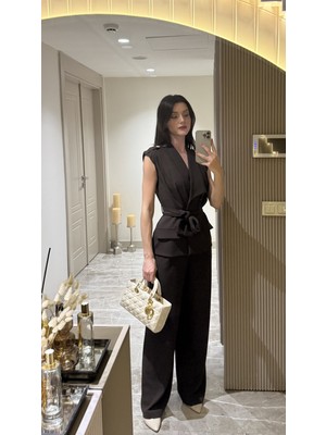 Klex Kuşaklı Kruvaze Yelek Pantolon Takım 5052 Kahverengi - L