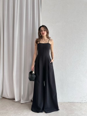 Klex Ip Askılı Önü Düğmeli Drapeli Tulum 5064 Siyah - S