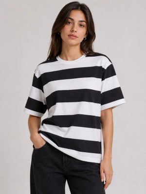 Efnaz Style Çizgili Oversize Tişört Bisiklet Yaka Kısa Kol Yazlık T-Shirt - Siyah