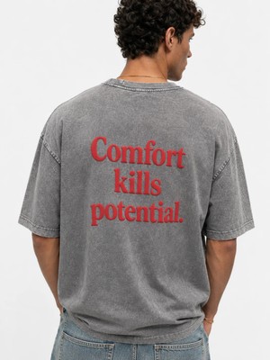 Respire Erkek Puf Baskılı Yıkamalı Oversize T-Shirt Gri
