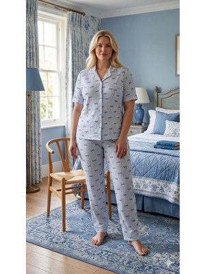 Çağrı Homewear Çağrı 50583 Mavi Çizgili Fiyonklu Boydan Düğmeli Büyük Beden Gömlek Pijama Takım