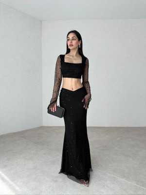 Klex Taş Detaylı Uzun Etek Crop Bluz Takım 2071 Siyah - L