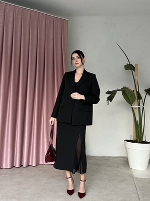 Klex Blazer Ceketli Straplez Elbise Takım 6069 Siyah - S