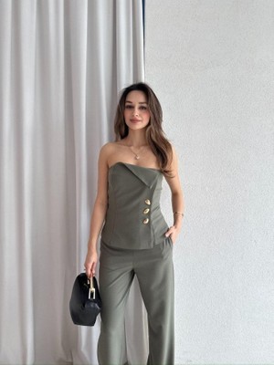 Klex Straplez Gold Düğme Detaylı Büstiyer Pantolon Takım 5043 Haki - S