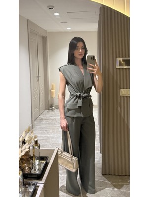 Klex Kuşaklı Kruvaze Yelek Pantolon Takım 5052 Haki - L