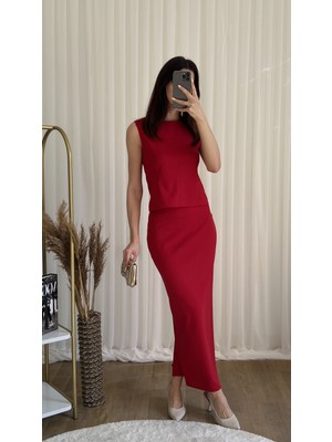 Klex Bisiklet Yaka Kolsuz Üst ve Kalem Etek Ikili Takım 2154 Kırmızı - L