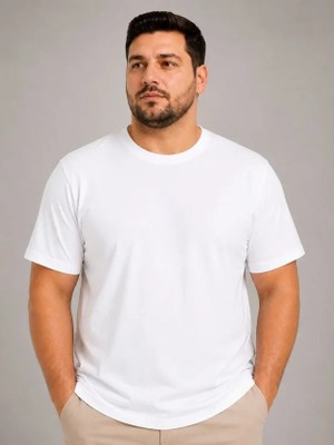 Efnaz Style Erkek Battal Big Size Basic Tişört Bisiklet Yaka Rahat Kalıp T-Shirt - Beyaz