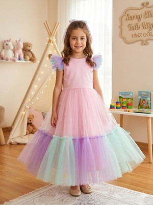 Lina Baby Bloomm Mint Pembe  Pastel Tüllü Kız Çocuk Prenses Elbise Özel Gün Abiye