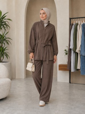 Esra Butik Acı Kahve Ince Paraşüt Kumaş Gizli Fermuarlı Pantolonlu Takım