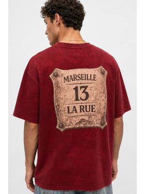 Respire Erkek Marseille Baskılı Yıkamalı Oversize T-Shirt Bordo
