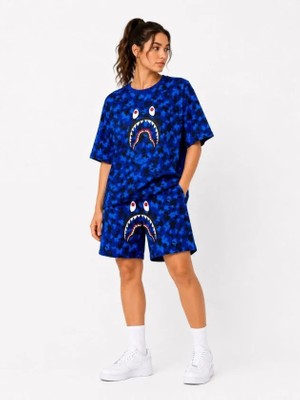 Efnaz Style Oversize Kalıp Pubg Bape x Shark Nakışlı Cepli Şort Takım - Mavi