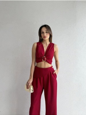 Klex Kuşaklı Tokalı Crop Bluz ve Palazzo Pantolon Takım 5093 Sarı - S