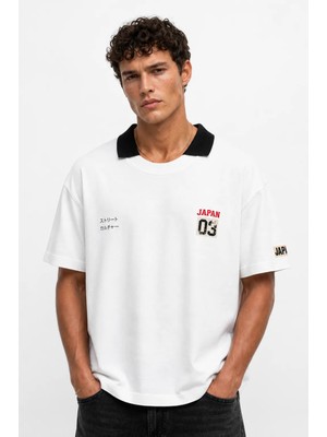 Respire Erkek Yaka Detaylı Oversize T-Shirt Ekru