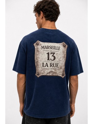 Respire Erkek Marseille Baskılı Yıkamalı Oversize T-Shirt Lacivert