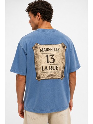 Respire Erkek Marseille Baskılı Yıkamalı Oversize T-Shirt Bebe Mavi