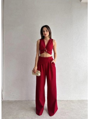 Klex Kuşaklı Tokalı Crop Bluz ve Palazzo Pantolon Takım 5093 Bordo - Xl