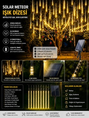 Eser Ticarett Solar Meteor Yağmur Işık Dizisi 288 LED 8 Çubuklu 4 Metre IP65 Su Geçirmez Bahçe Balkon Dış Mekan Süsleme Işığı