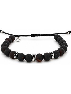 Safir Jewellery Mat Siyah Kehribar Doğal Taşlı 925 Ayar Gümüş Detaylı Makrome Örgülü Erkek Bileklik – Hediye Kutulu
