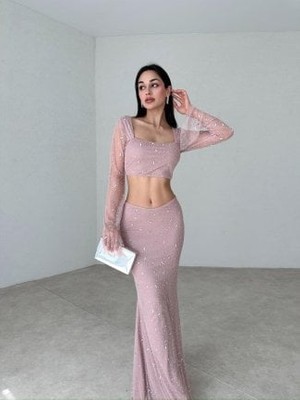 Klex Taş Detaylı Uzun Etek Crop Bluz Takım 2071 Gül Kurusu - S