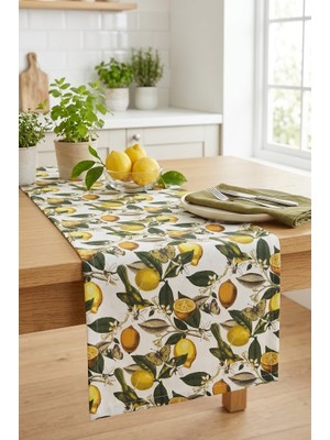 Rona Home Modern Limon Desenli Runner - Leke Dirençli Kumaş Yemek Odası Masa Örtüsü Dekoru