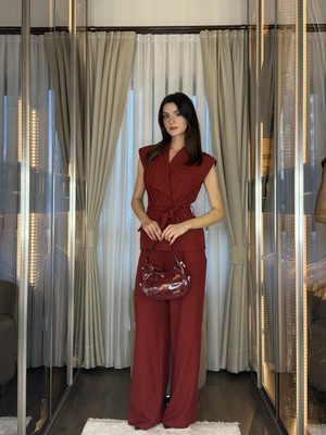 Klex Kuşaklı Kruvaze Yelek Pantolon Takım 5052 Bordo - S