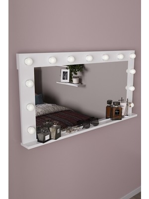 Dekorfim DF06104 Beyaz Işıklı Makyaj Aynası 120X60CM Raflı Hollywood Model Dekoratif LED Işıklı Duvar Aynası