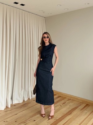 Laluvia Lacivert Aksesuarlı Denim Elbise - 8192