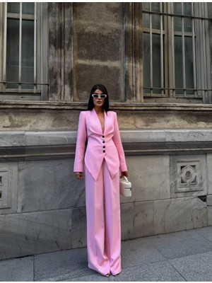 Hope And Me Kadın Kuşak Detaylı Düğmeli Blazer Ceket Palazzo Pantolon Takım