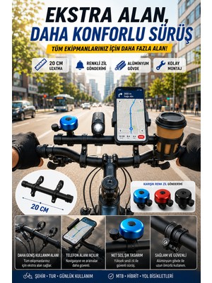 Open City 2'li Set - 20 cm Bisiklet Gidon Uzatma Aparatı ve Renkli Bisiklet Zili Seti Telefon Far Tutucu