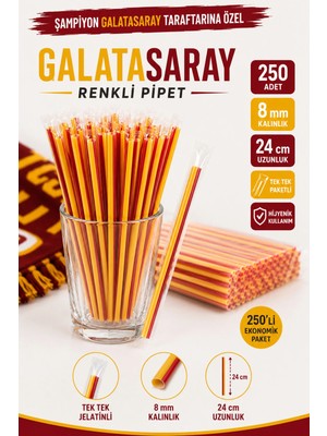 Ardin Galatasaray Renkli Pipet 250 Adet 8 mm 24 cm Jelatinli Tek Tek Paketli Sarı Kırmızı Pipet