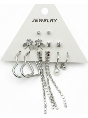 Stainless Steel Gümüş Renk 12 Adet (6 Çift) Küpe Set 5