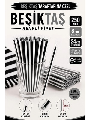 Ardin Beşiktaş Pipet 250 Adet 8 mm 24 cm Tek Tek Paketli Jelatinli Siyah Beyaz Pipet