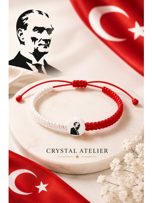 Crystal Atelier Atatürk Kırmızı Beyaz Makrome Bileklik Ayarlanabilir Unisex Hediyelik