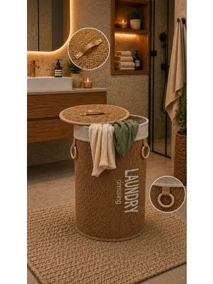 Lucky Clover Bambu Modern Kirli Çamaşır Sepeti Loundry Oyuncak Sepeti Kapaklı Organizer 75 Litre 60X35 cm