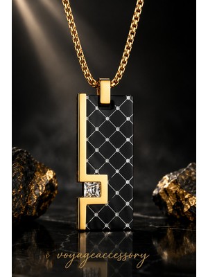 Voyage Accessory Paslanmaz Çelik Kübik Zirkon Detaylı Premium Gold Siyah Erkek Kolye