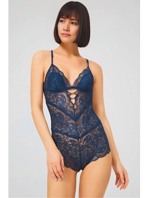 Homay Açık Sırt Dekolteli Transparan Dantelli Şort Form Bodysuit