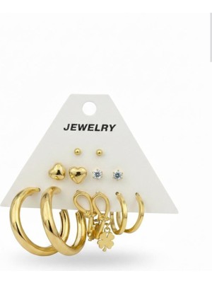 Stainless Steel Gold Renk 12 Adet (6 Çift) Küpe Set 2