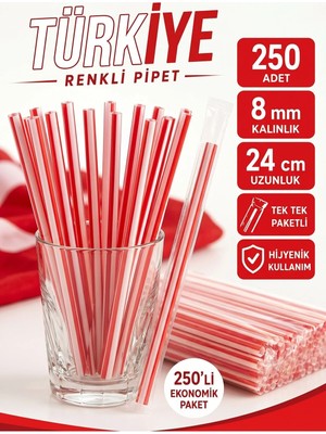 Ardin Milli Takım Taraftar Pipeti 250 Adet 8 mm 24 cm Tek Tek Paketli Jelatinli Kırmızı Beyaz