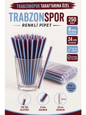 Ardin Trabzonspor Pipet 250 Adet 8 mm 24 cm Tek Tek Paketli Bordo Mavi Pipet