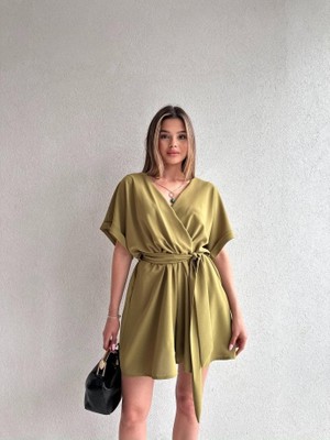 Klex Tek Omuz Çiçek Detaylı Geniş Paça Tulum 5094 Yağ Yeşili - L